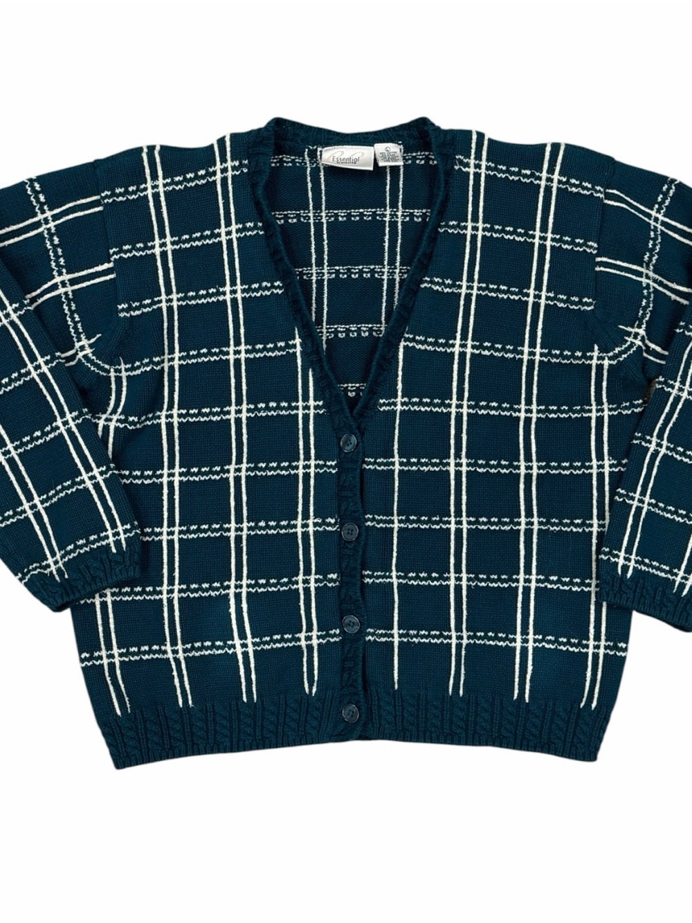 Vintage Teal Checkered Button Up Knit Cardigan